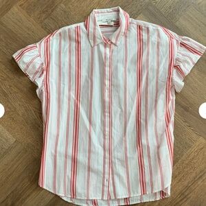 Madewell Central Ruffle Sleeve Button-Up Shirt in Carey Stripe Red White S NWT!